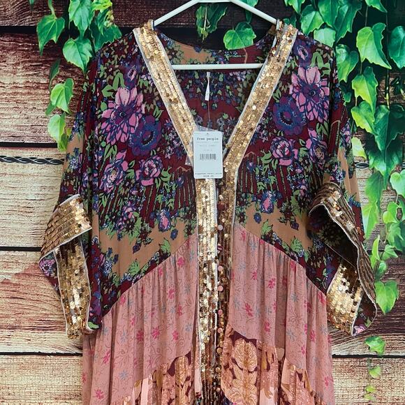 NWT Free People One Fine Day Maxi Duster Kimono Large Sheer Sequin Tiered Dress - Picture 5 of 8